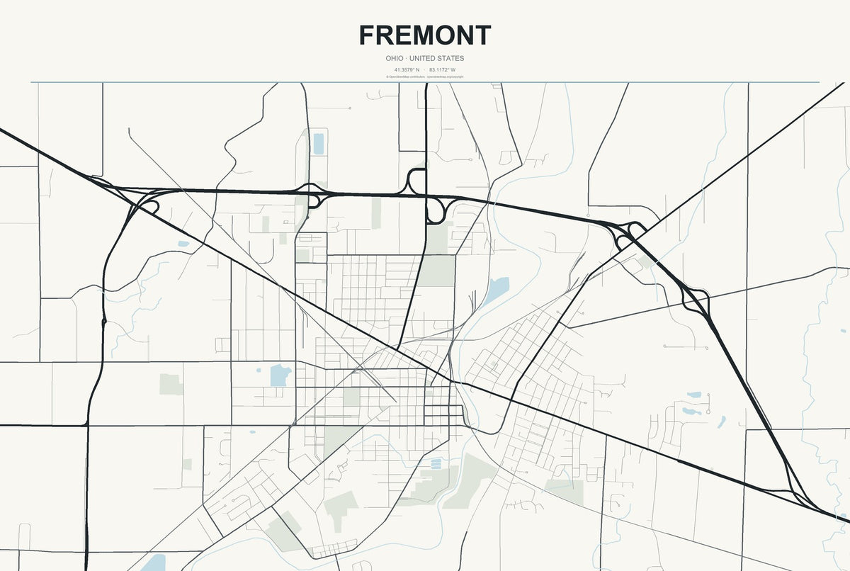 Fremont, Ohio City Map Aluminum Sign in Headline Atlas style
