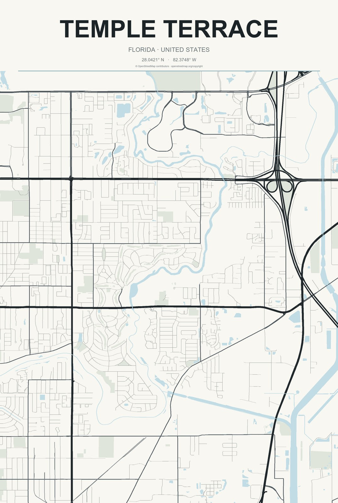 Temple Terrace, Florida City Map Aluminum Sign in Headline Atlas style