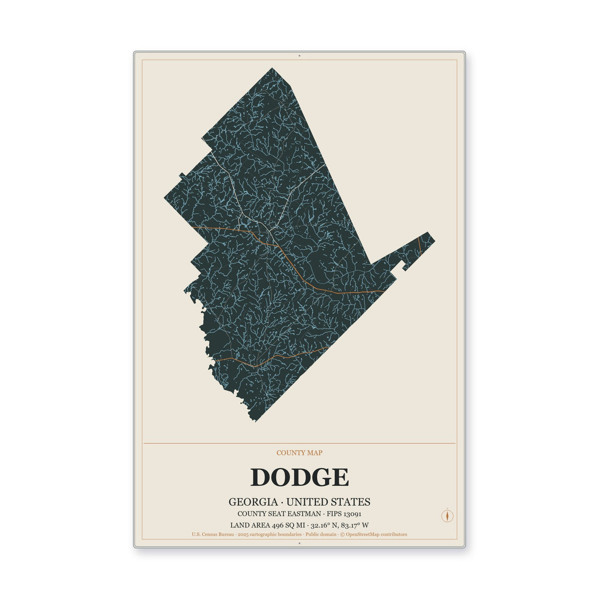 Dodge County, Georgia Map Aluminum Sign in Headline Atlas style