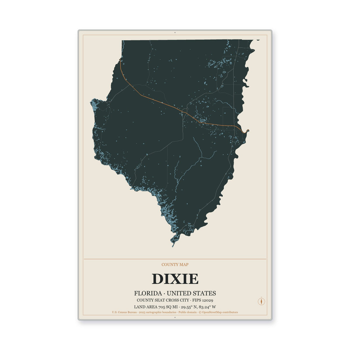 Dixie County, Florida Map Aluminum Sign in Headline Atlas style