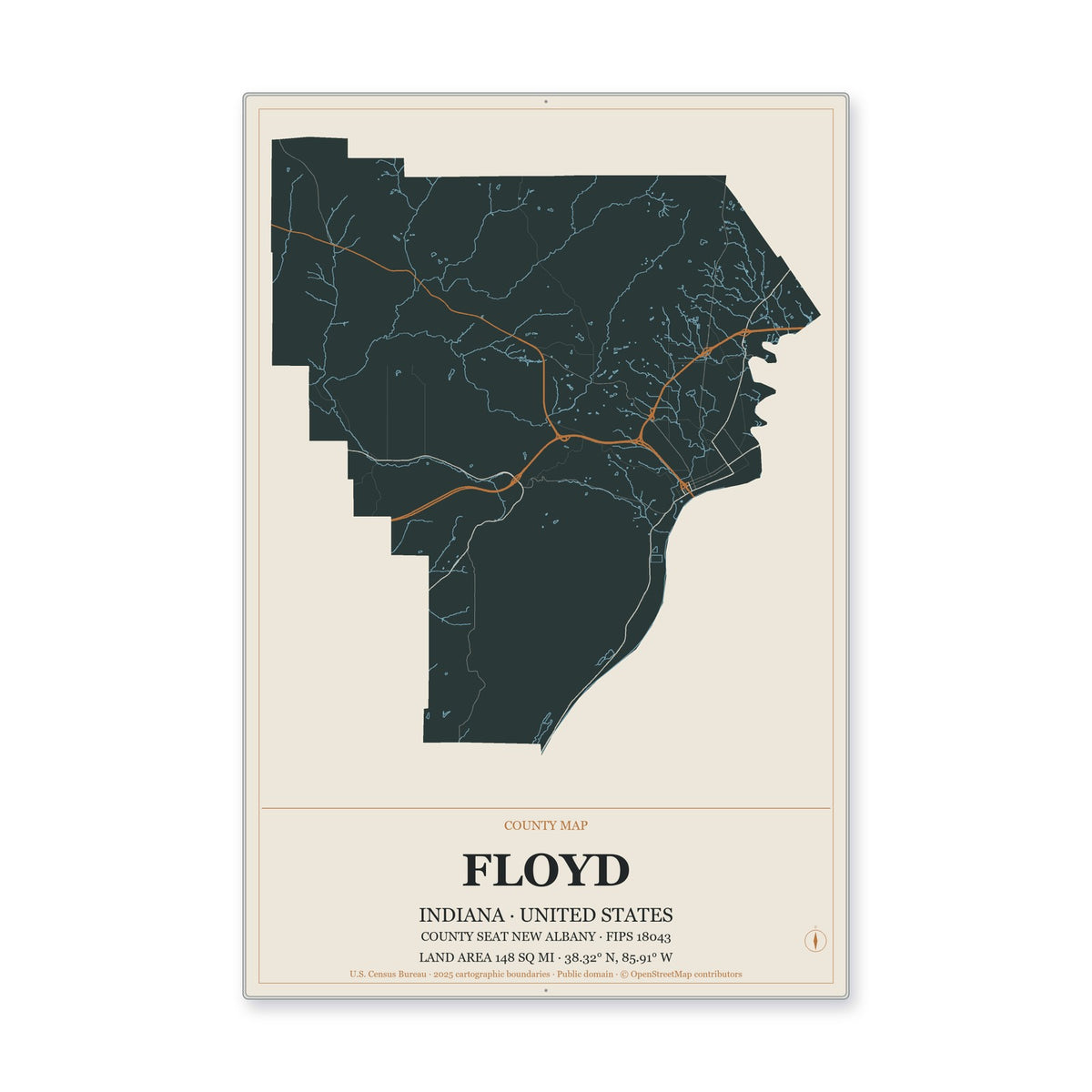 Floyd County, Indiana Map Aluminum Sign in Headline Atlas style