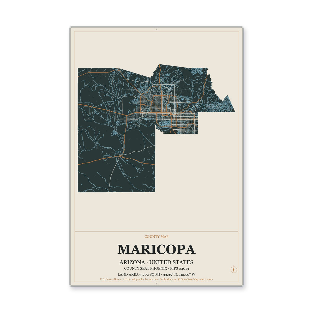 Maricopa County, Arizona Map Aluminum Sign in Headline Atlas style