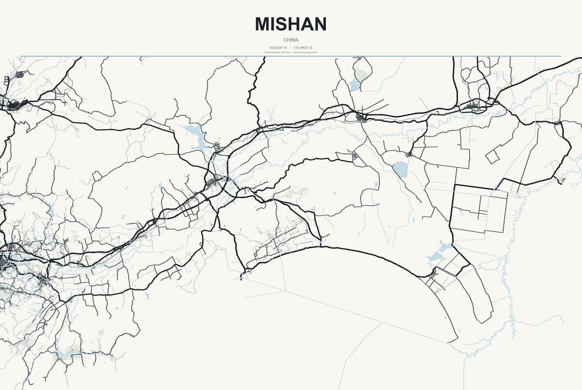 Mishan, China City Map Aluminum Sign in Headline Atlas style