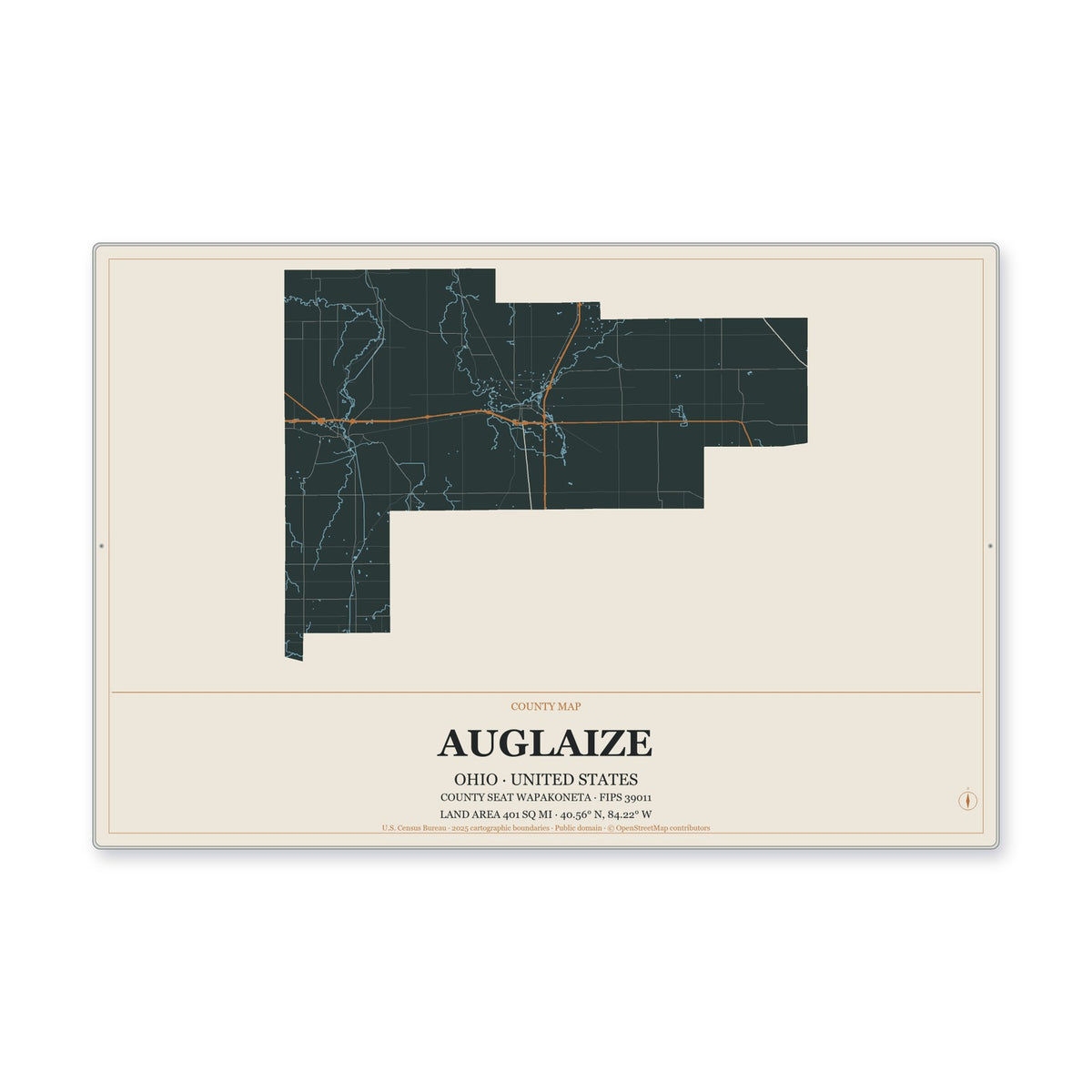 Auglaize County, Ohio Map Aluminum Sign in Headline Atlas style
