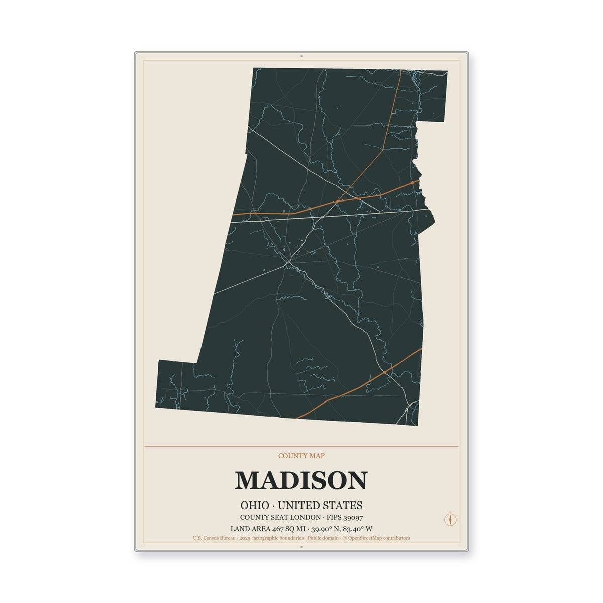 Madison County, Ohio Map Aluminum Sign in Headline Atlas style