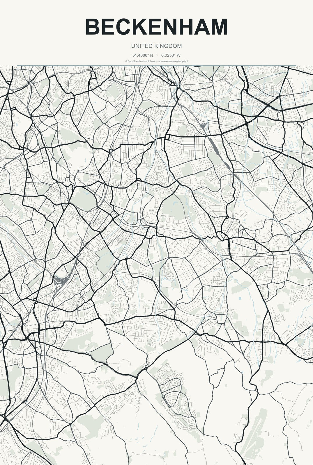 Beckenham, United Kingdom City Map Aluminum Sign in Headline Atlas style