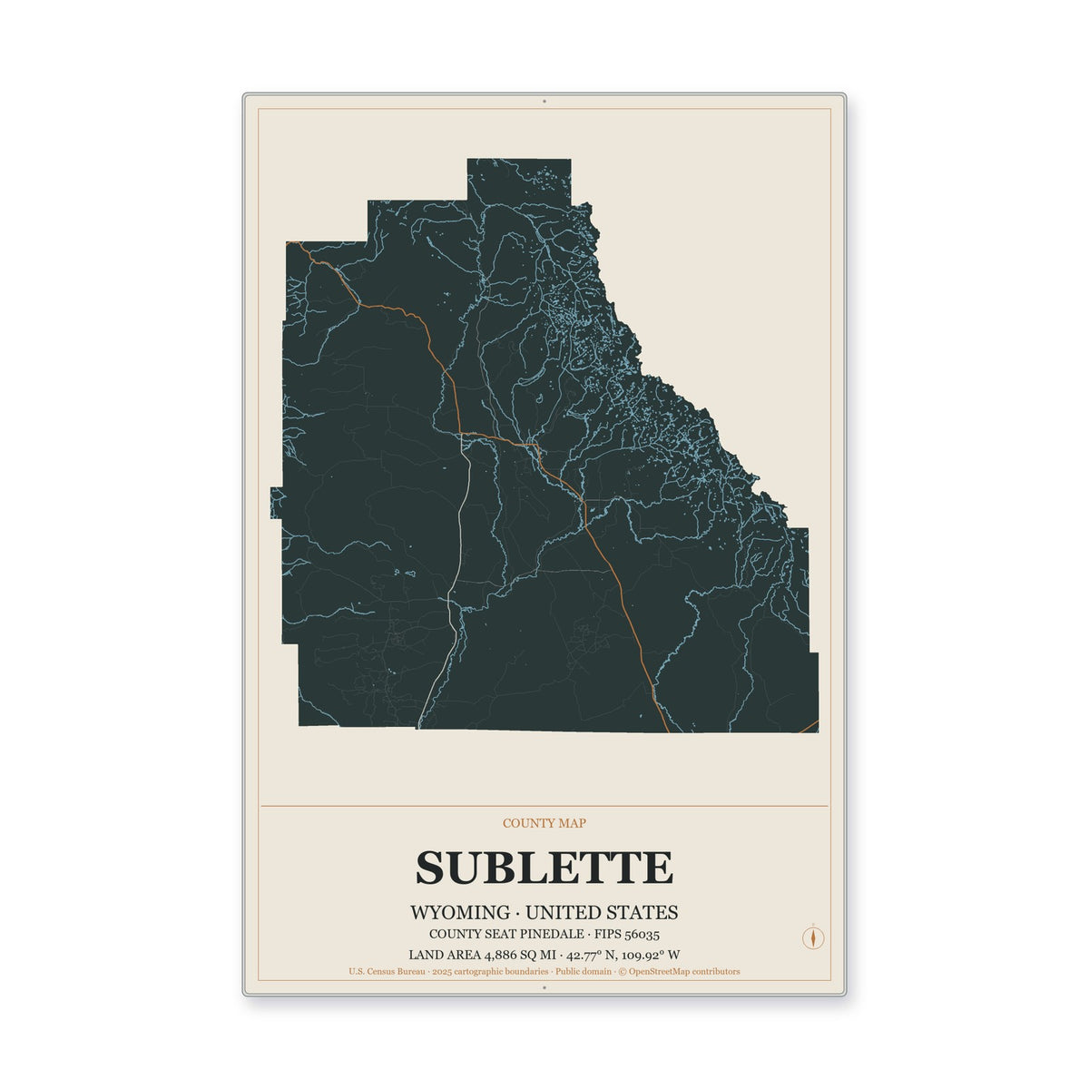 Sublette County, Wyoming Map Aluminum Sign in Headline Atlas style