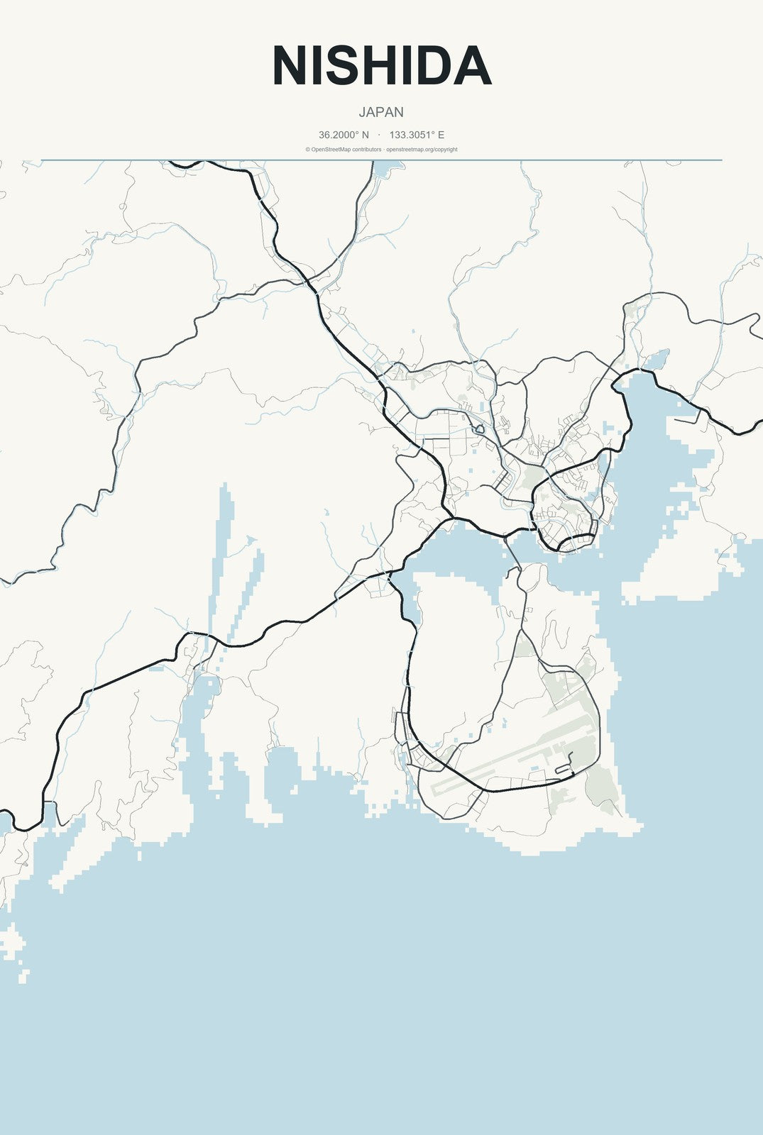 Nishida, Japan City Map Aluminum Sign in Headline Atlas style
