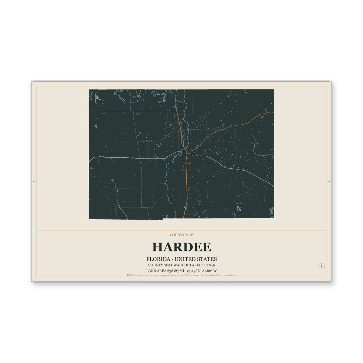 Hardee County, Florida Map Aluminum Sign in Headline Atlas style