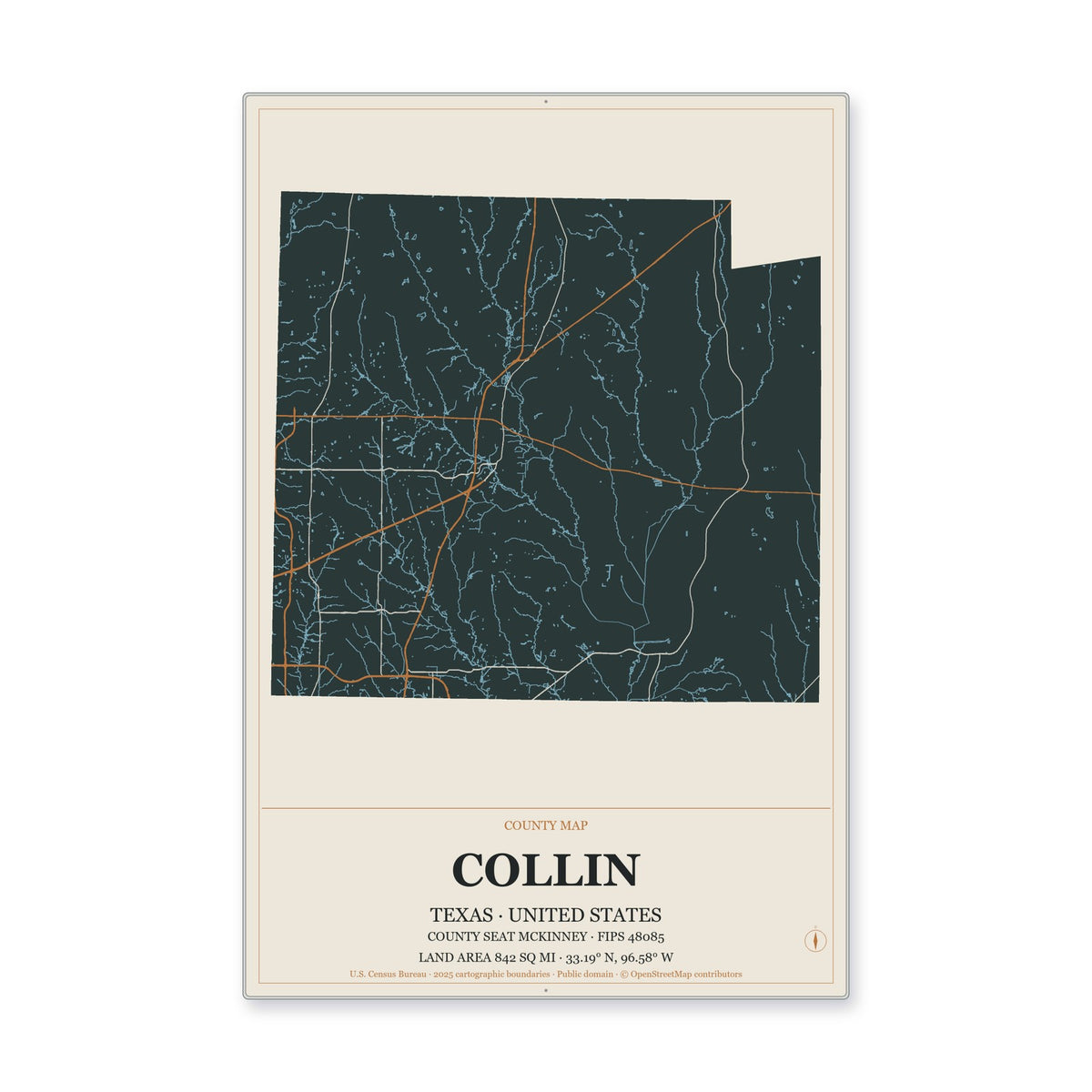 Collin County, Texas Map Aluminum Sign in Headline Atlas style
