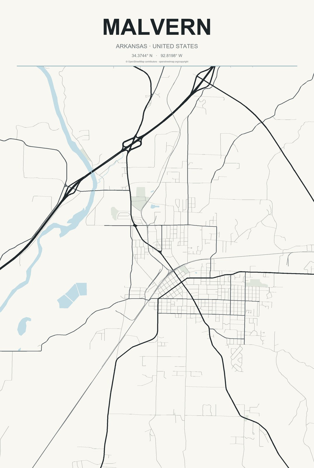 Malvern, Arkansas City Map Aluminum Sign in Headline Atlas style