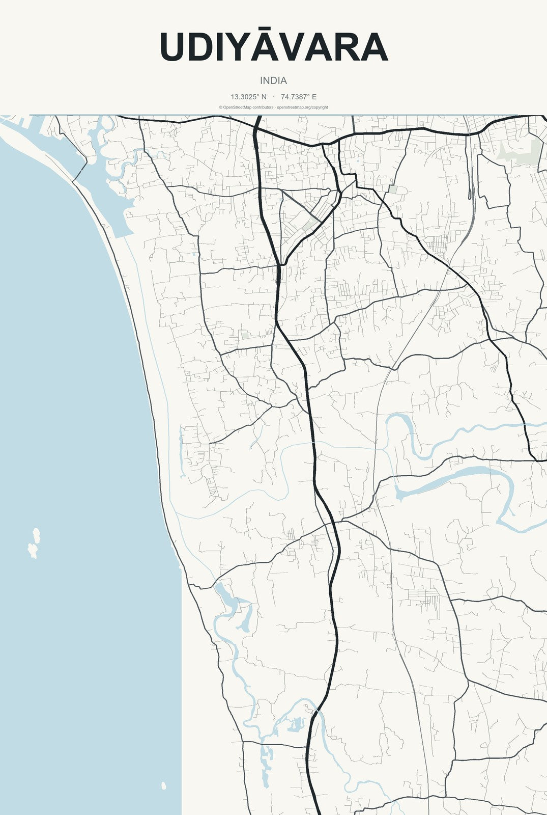 Udiyāvara, India City Map Aluminum Sign in Headline Atlas style