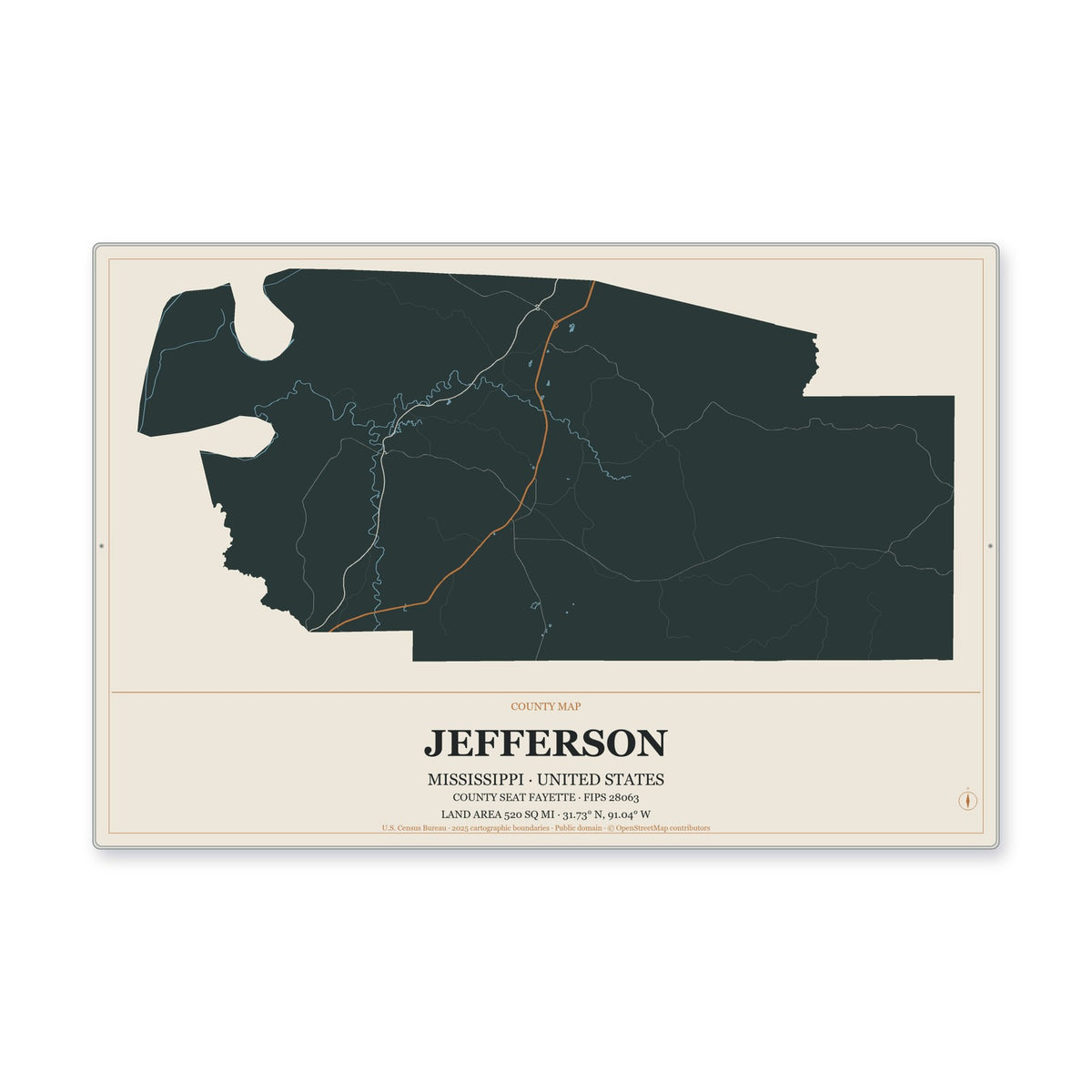 Jefferson County, Mississippi Map Aluminum Sign in Headline Atlas style