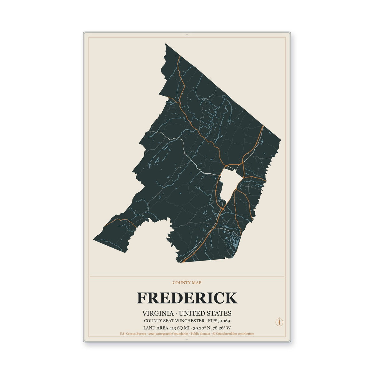 Frederick County, Virginia Map Aluminum Sign in Headline Atlas style