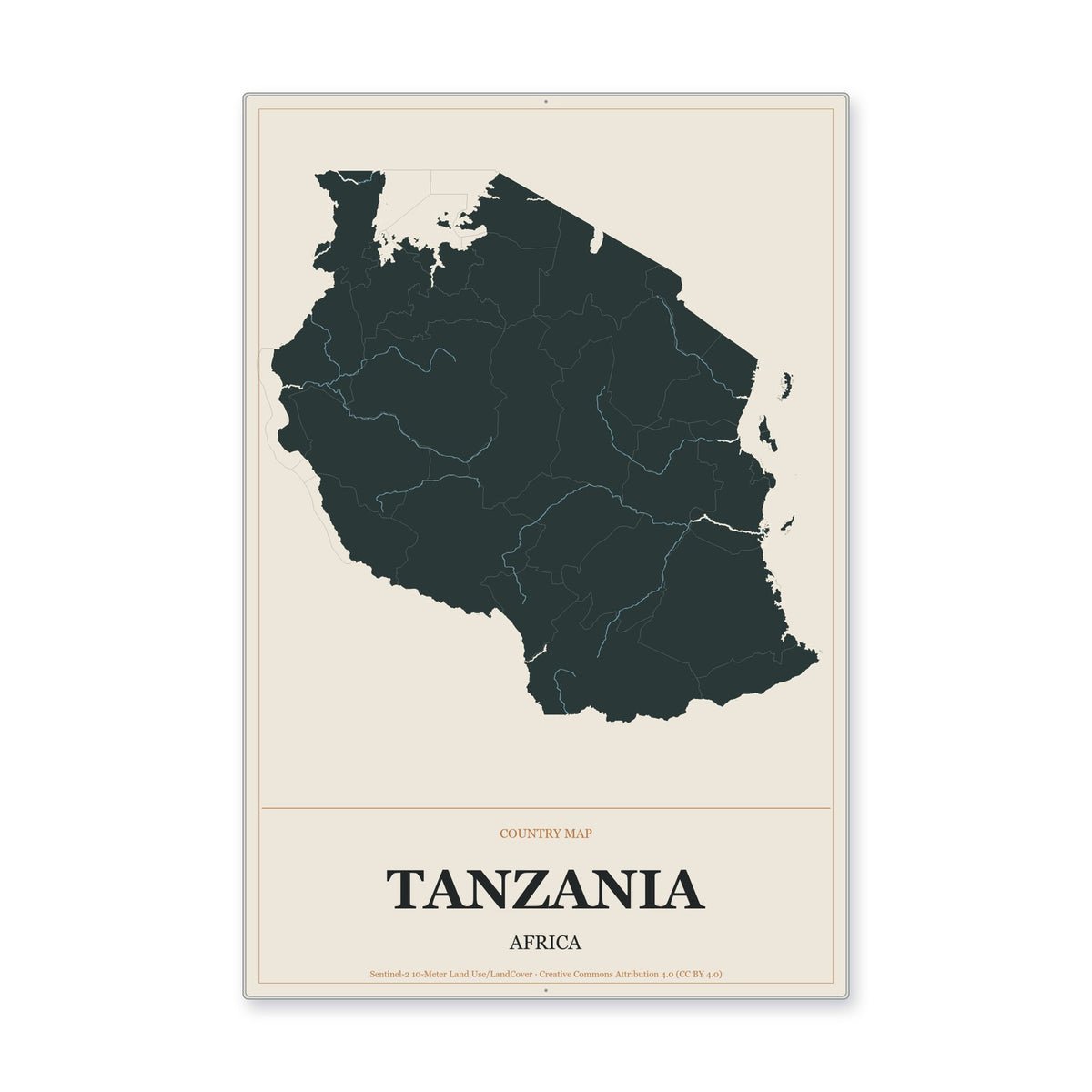 Tanzania Country Map Aluminum Sign in Headline Atlas style