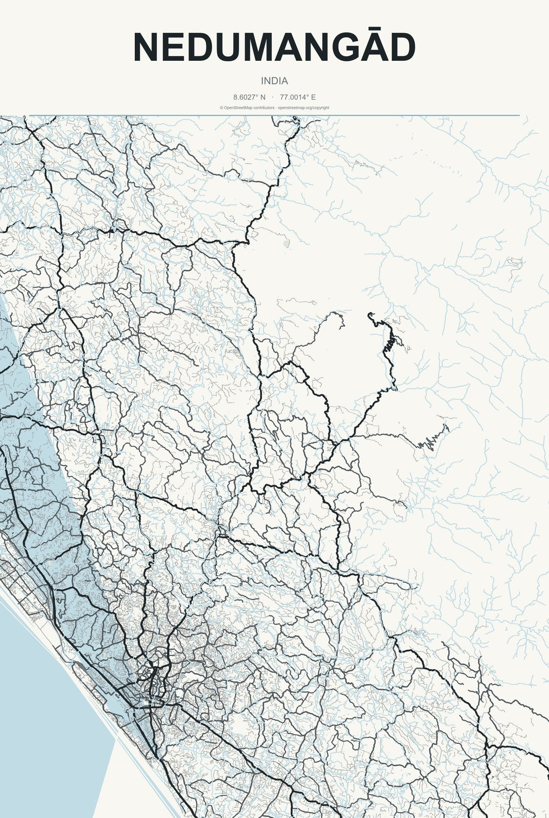 Nedumangād, India City Map Aluminum Sign in Headline Atlas style