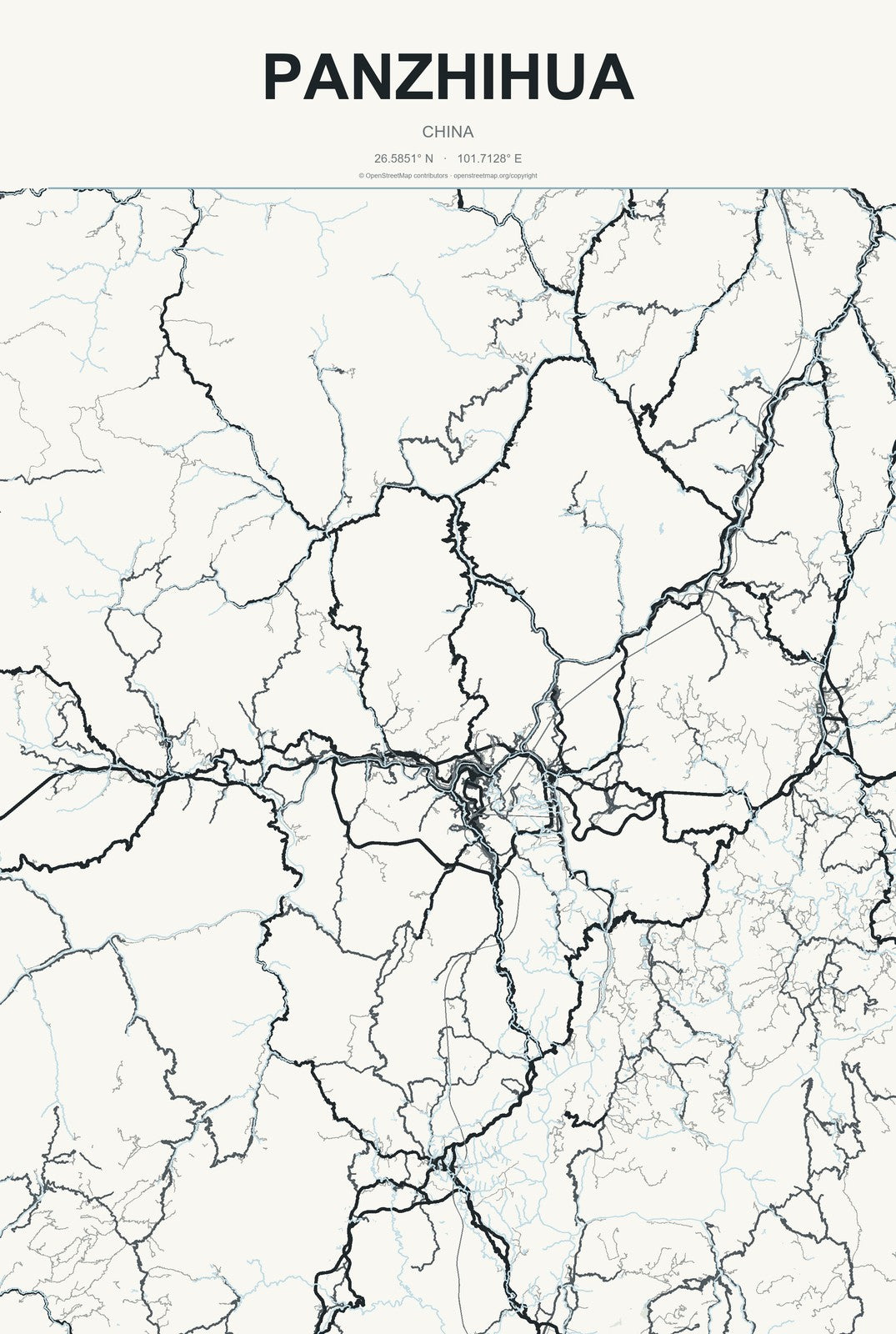 Panzhihua, China City Map Aluminum Sign in Headline Atlas style