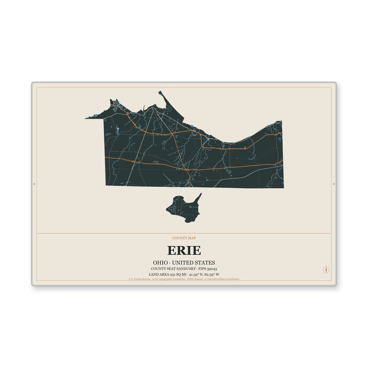 Erie County, Ohio Map Aluminum Sign in Headline Atlas style