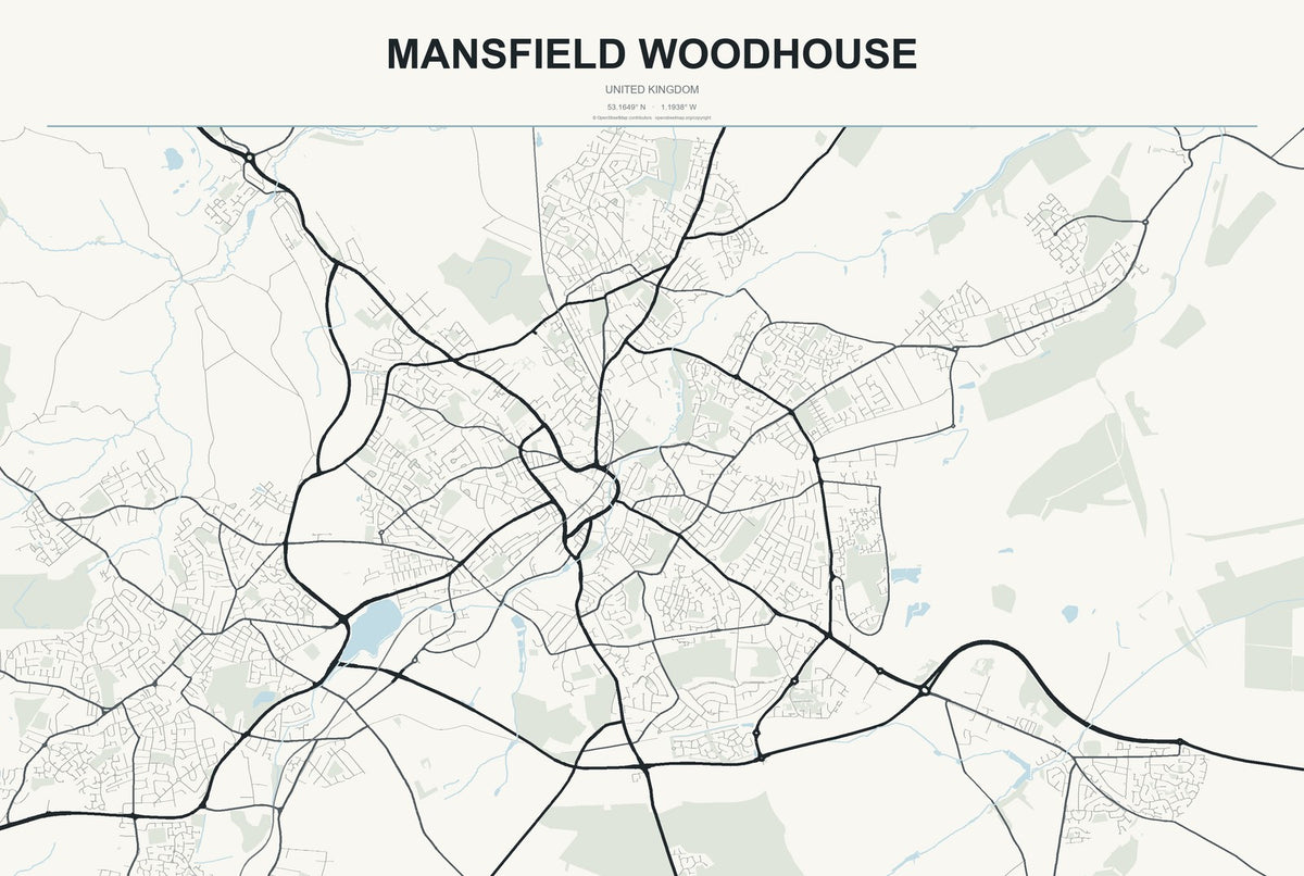 Mansfield Woodhouse, United Kingdom City Map Aluminum Sign in Headline Atlas style