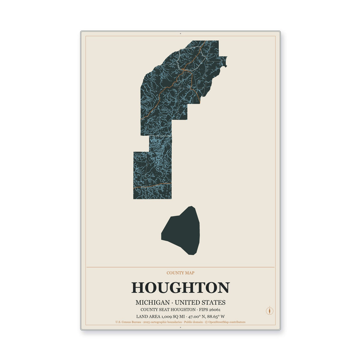 Houghton County, Michigan Map Aluminum Sign in Headline Atlas style