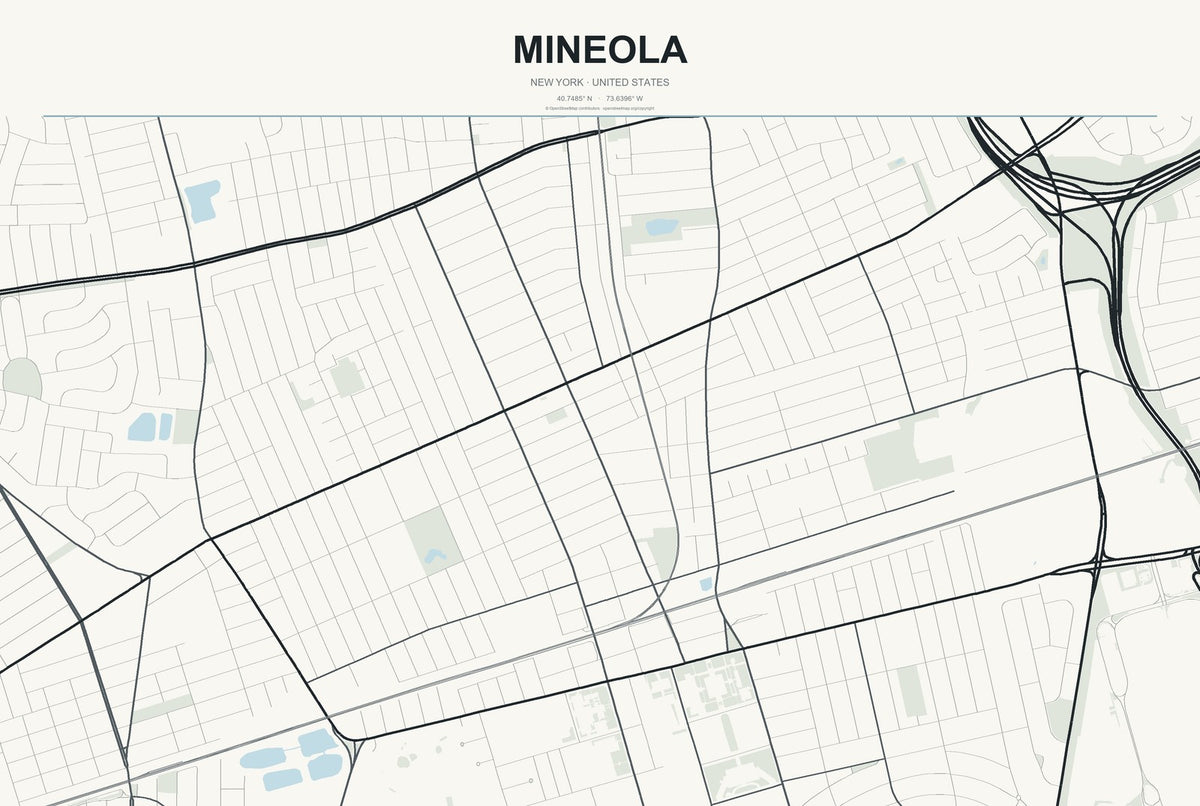 Mineola, New York City Map Aluminum Sign in Headline Atlas style