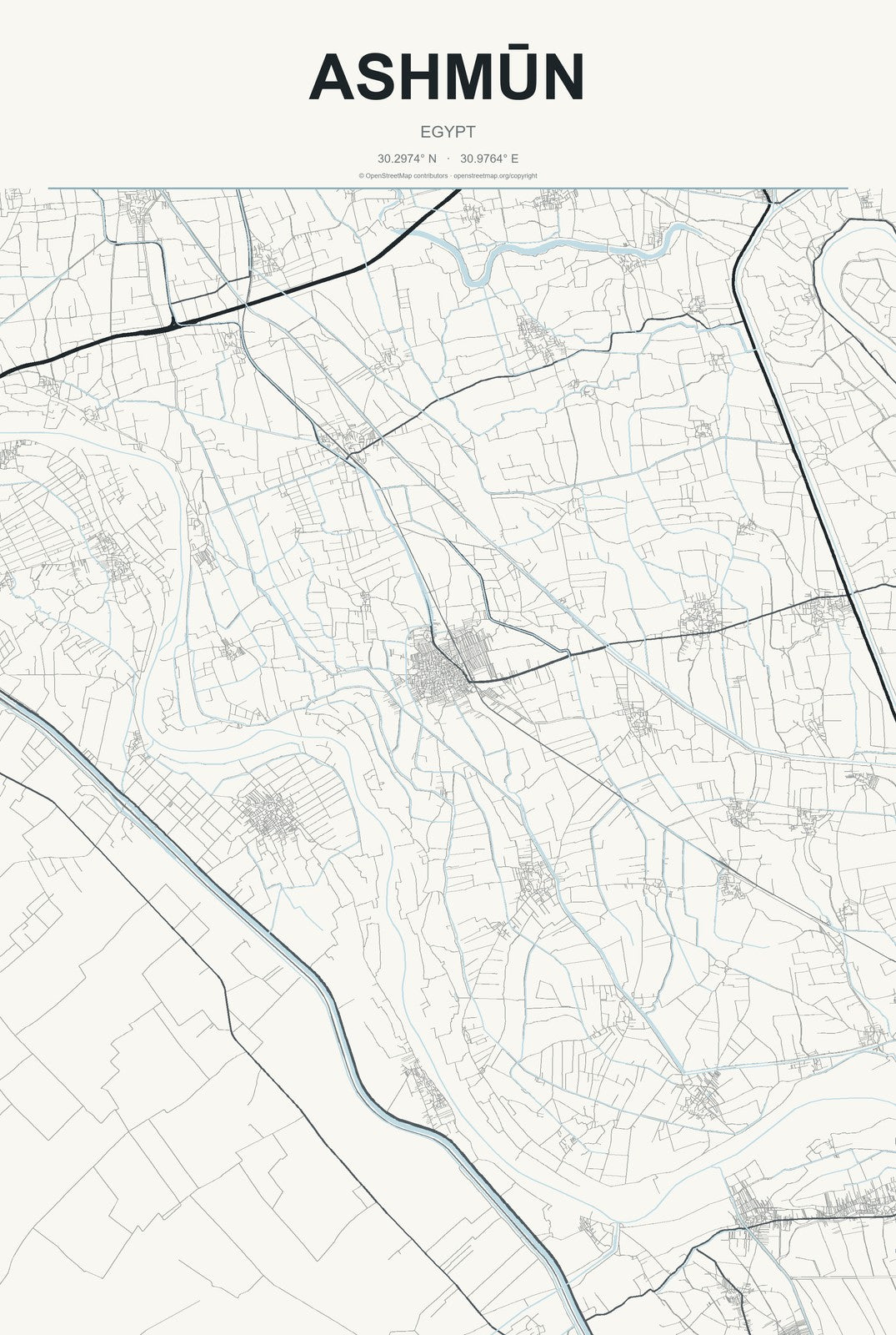 Ashmūn, Egypt City Map Aluminum Sign in Headline Atlas style