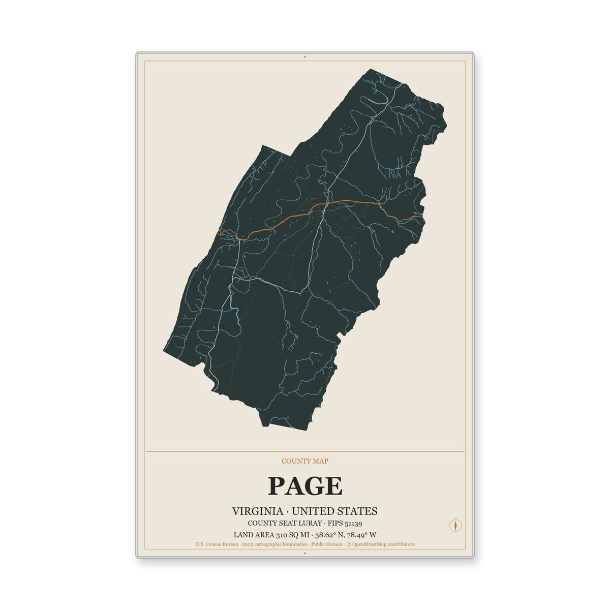 Page County, Virginia Map Aluminum Sign in Headline Atlas style