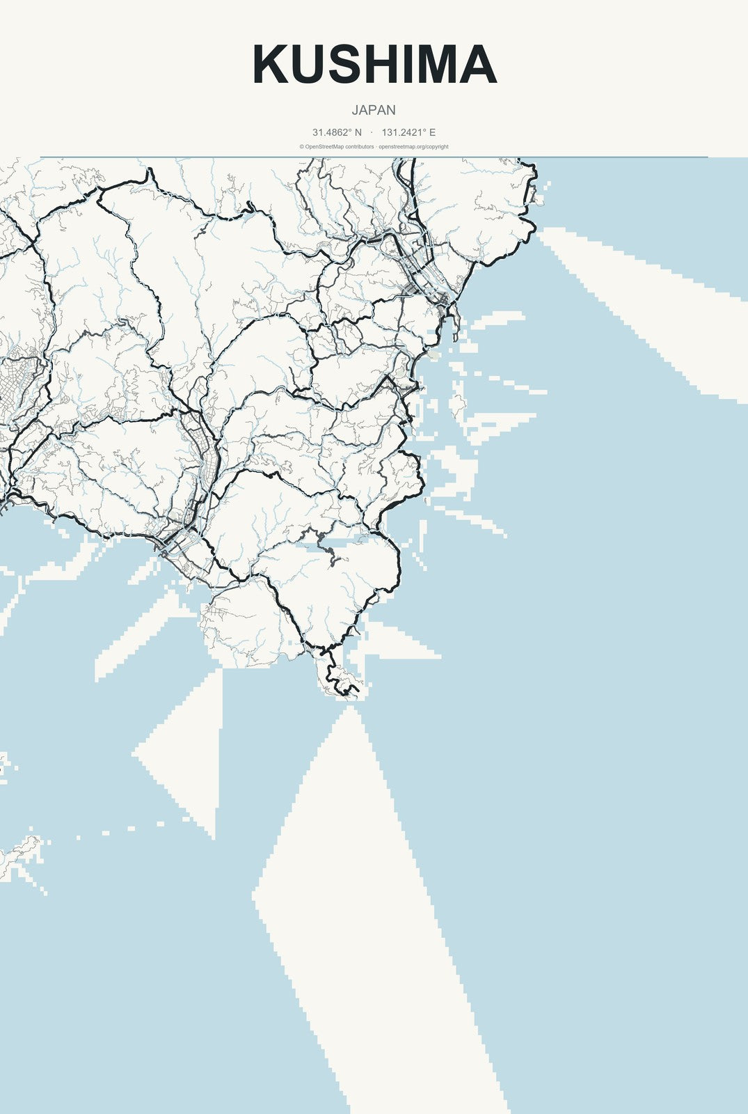 Kushima, Japan City Map Aluminum Sign in Headline Atlas style