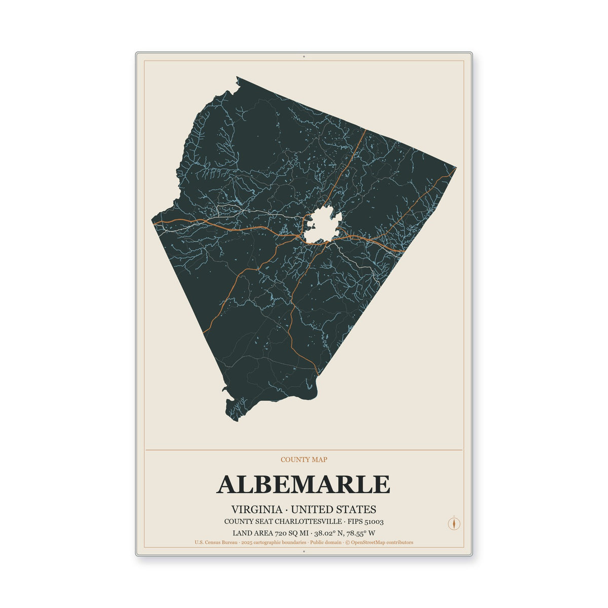 Albemarle County, Virginia Map Aluminum Sign in Headline Atlas style