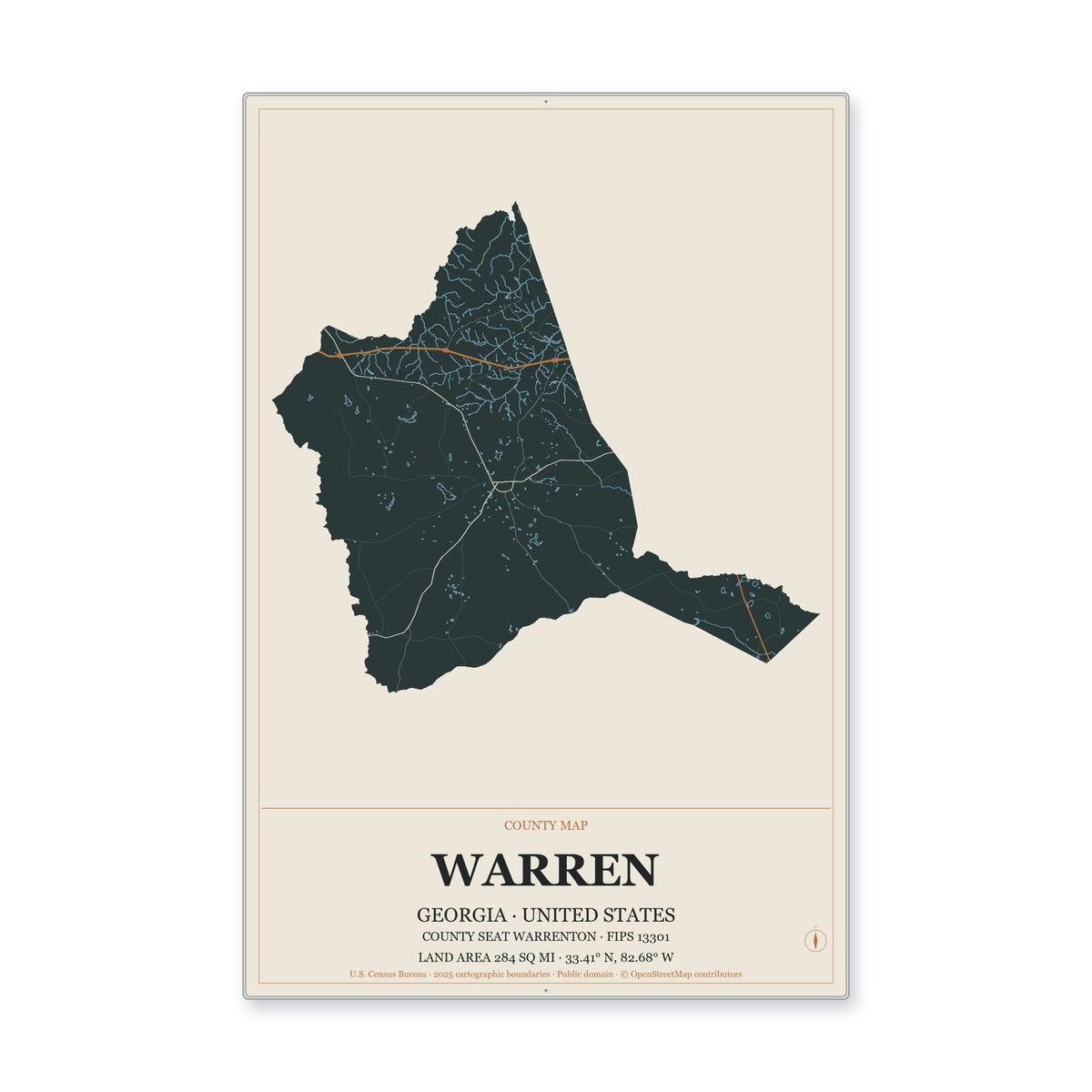 Warren County, Georgia Map Aluminum Sign in Headline Atlas style