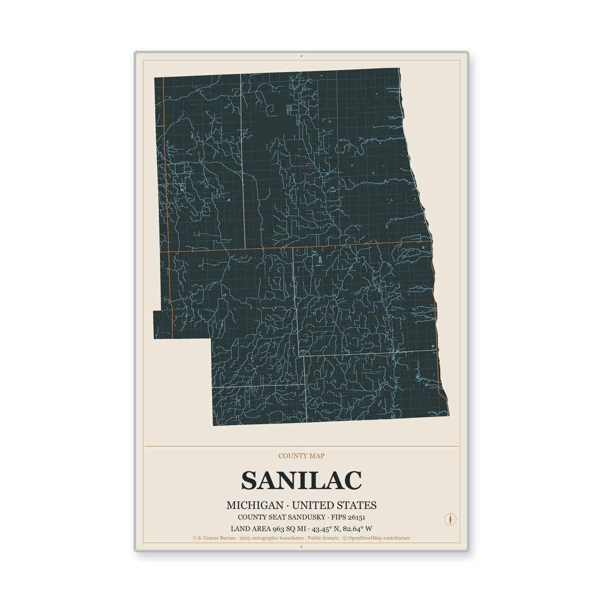 Sanilac County, Michigan Map Aluminum Sign in Headline Atlas style