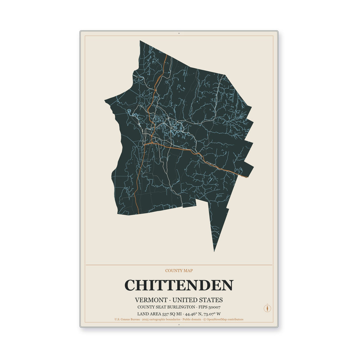 Chittenden County, Vermont Map Aluminum Sign in Headline Atlas style
