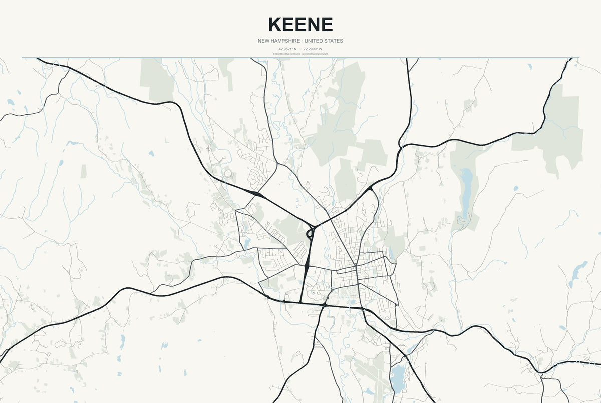 Keene, New Hampshire City Map Aluminum Sign in Headline Atlas style