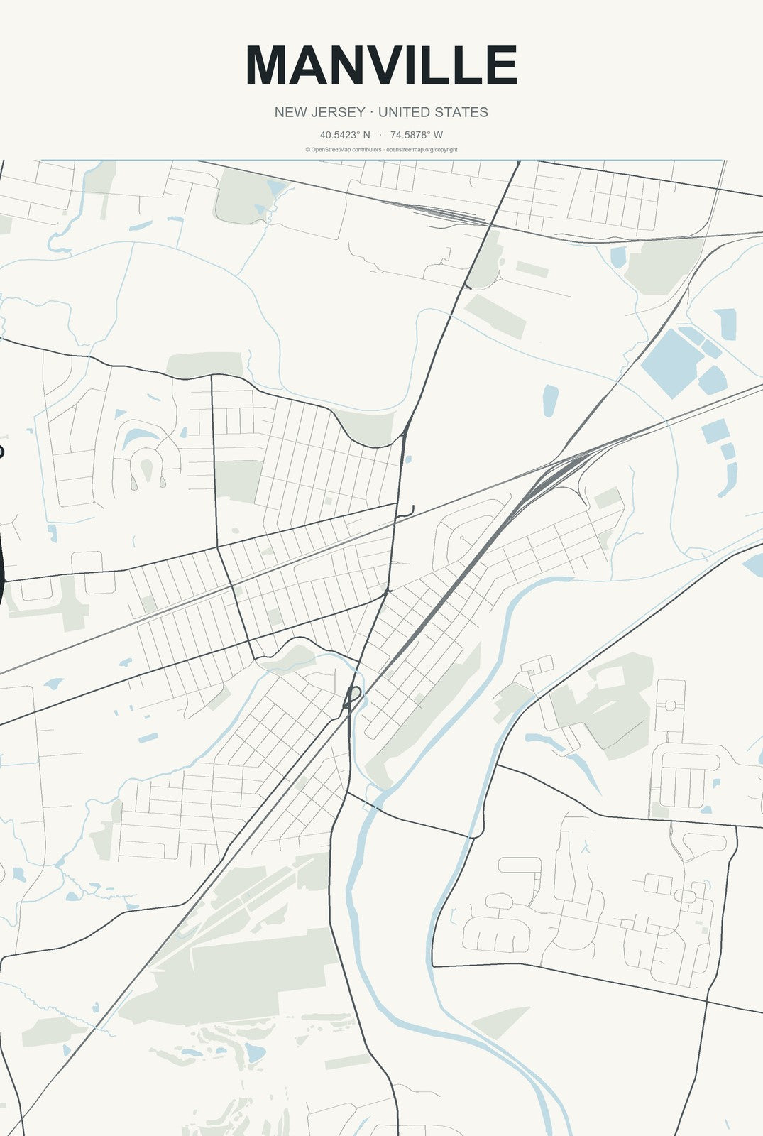Manville, New Jersey City Map Aluminum Sign in Headline Atlas style