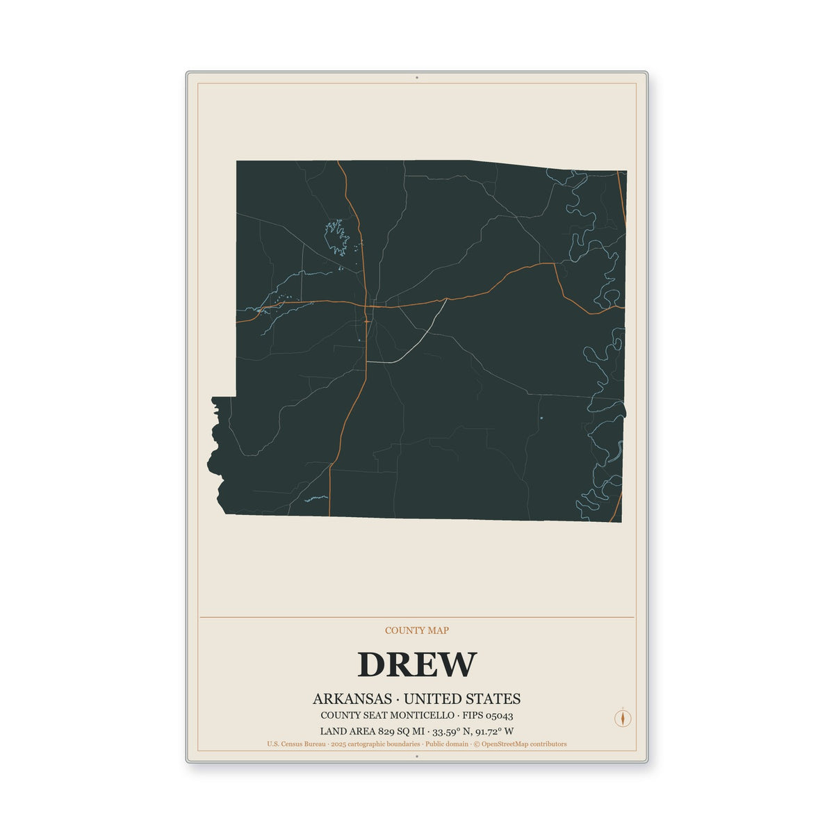 Drew County, Arkansas Map Aluminum Sign in Headline Atlas style