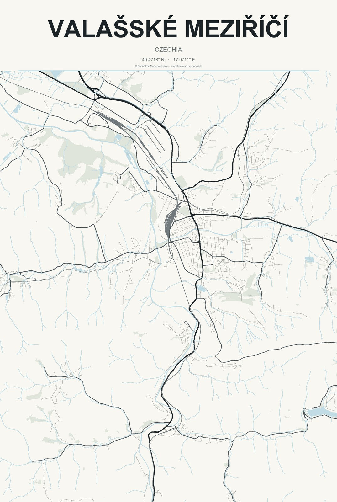 Valašské Meziříčí, Czechia City Map Aluminum Sign in Headline Atlas style