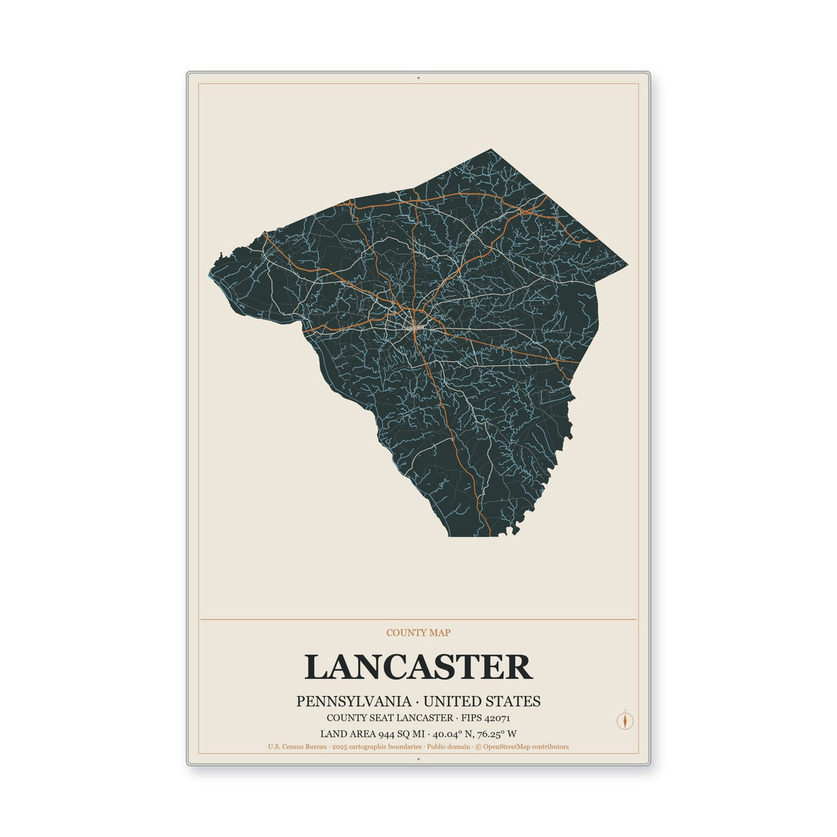 Lancaster County, Pennsylvania Map Aluminum Sign in Headline Atlas style