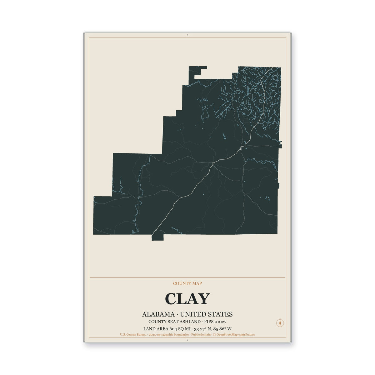 Clay County, Alabama Map Aluminum Sign in Headline Atlas style
