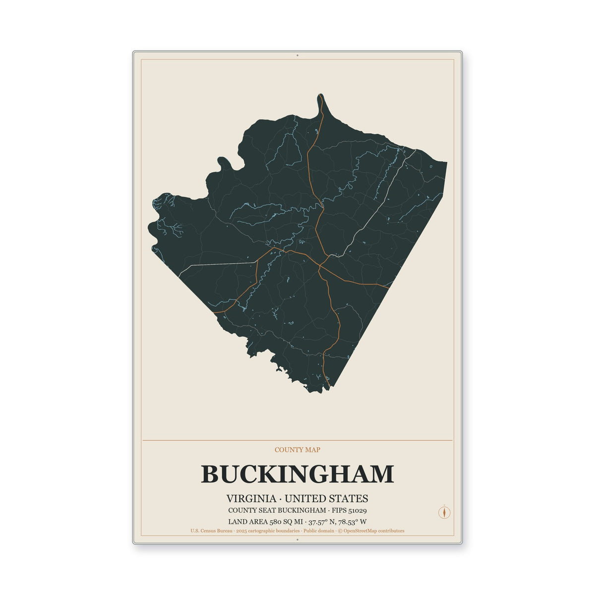 Buckingham County, Virginia Map Aluminum Sign in Headline Atlas style