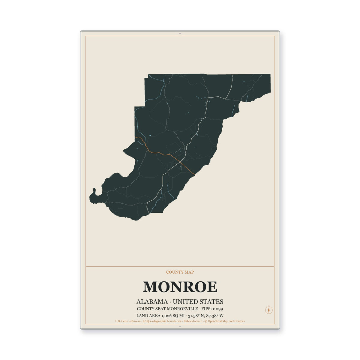 Monroe County, Alabama Map Aluminum Sign in Headline Atlas style