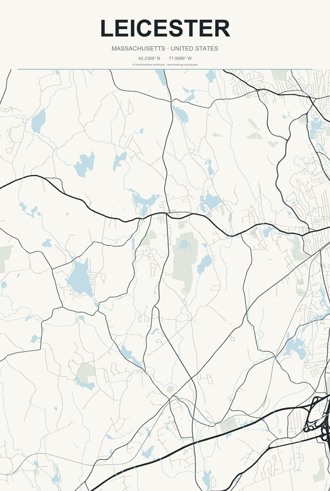 Leicester, Massachusetts City Map Aluminum Sign in Headline Atlas style