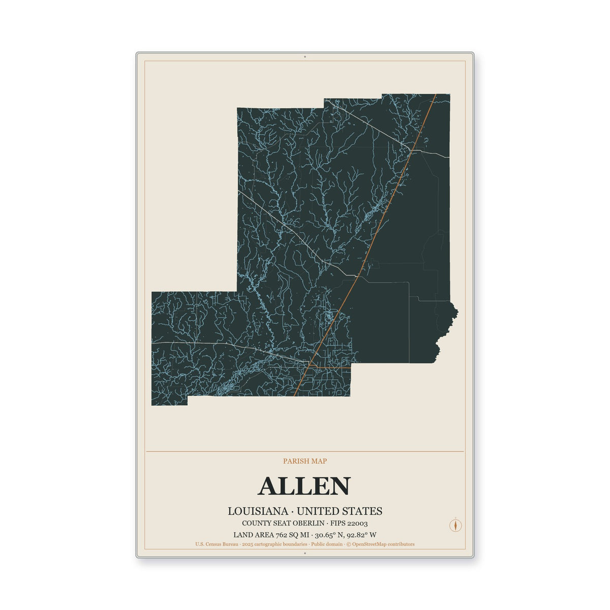 Allen Parish, Louisiana Map Aluminum Sign in Headline Atlas style