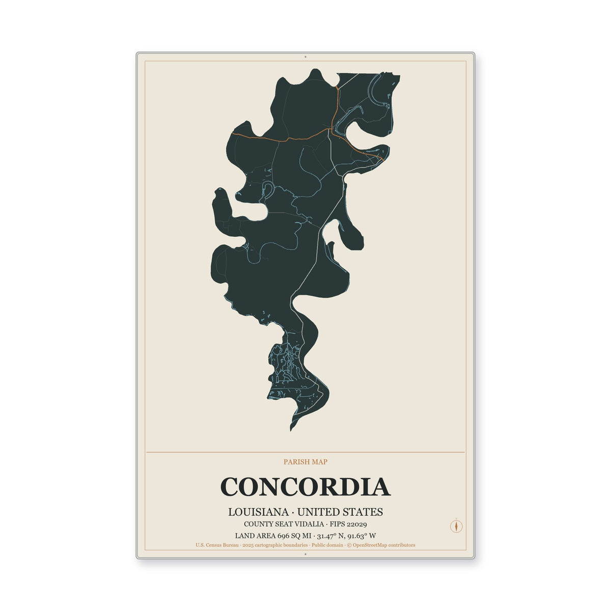 Concordia Parish, Louisiana Map Aluminum Sign in Headline Atlas style