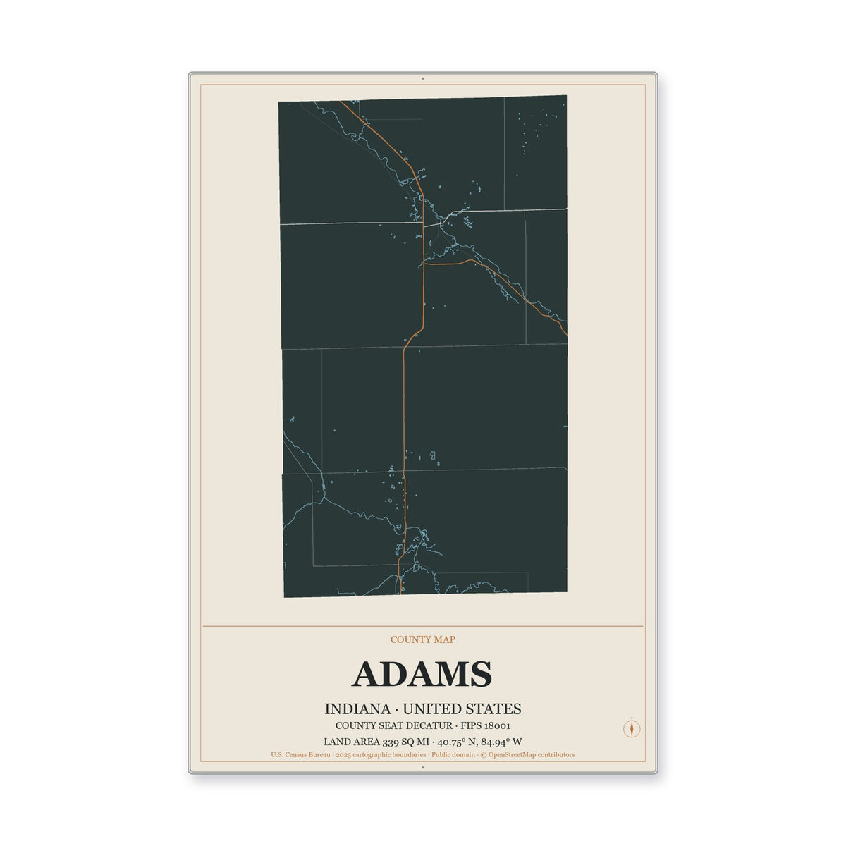 Adams County, Indiana Map Aluminum Sign in Headline Atlas style