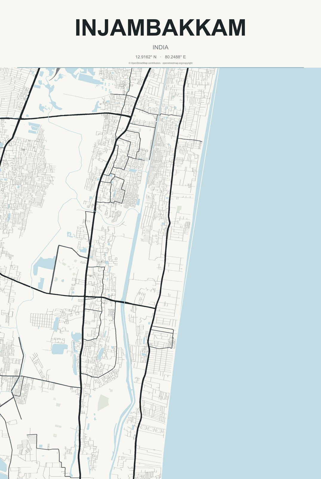 Injambakkam, India City Map Aluminum Sign in Headline Atlas style