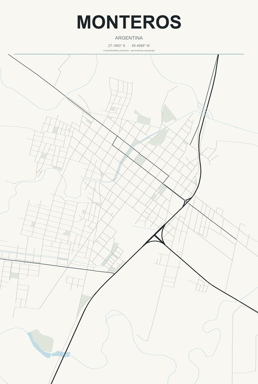 Monteros, Argentina City Map Aluminum Sign in Headline Atlas style