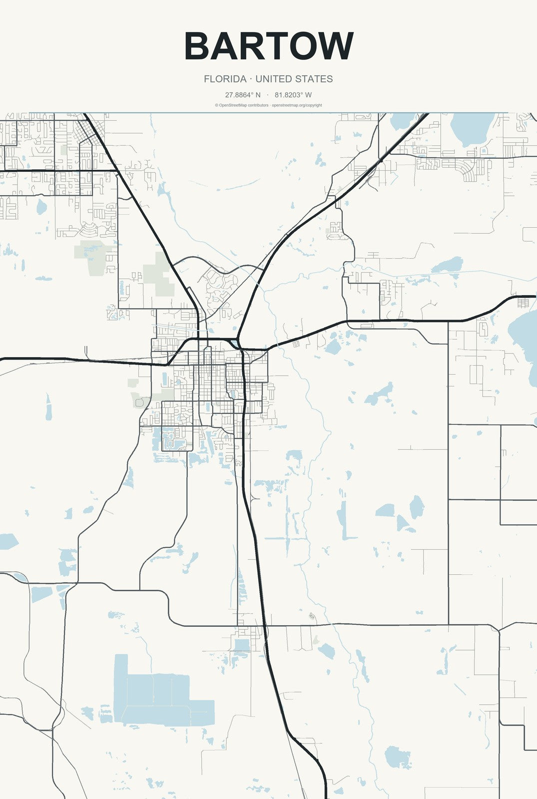 Bartow, Florida City Map Aluminum Sign in Headline Atlas style