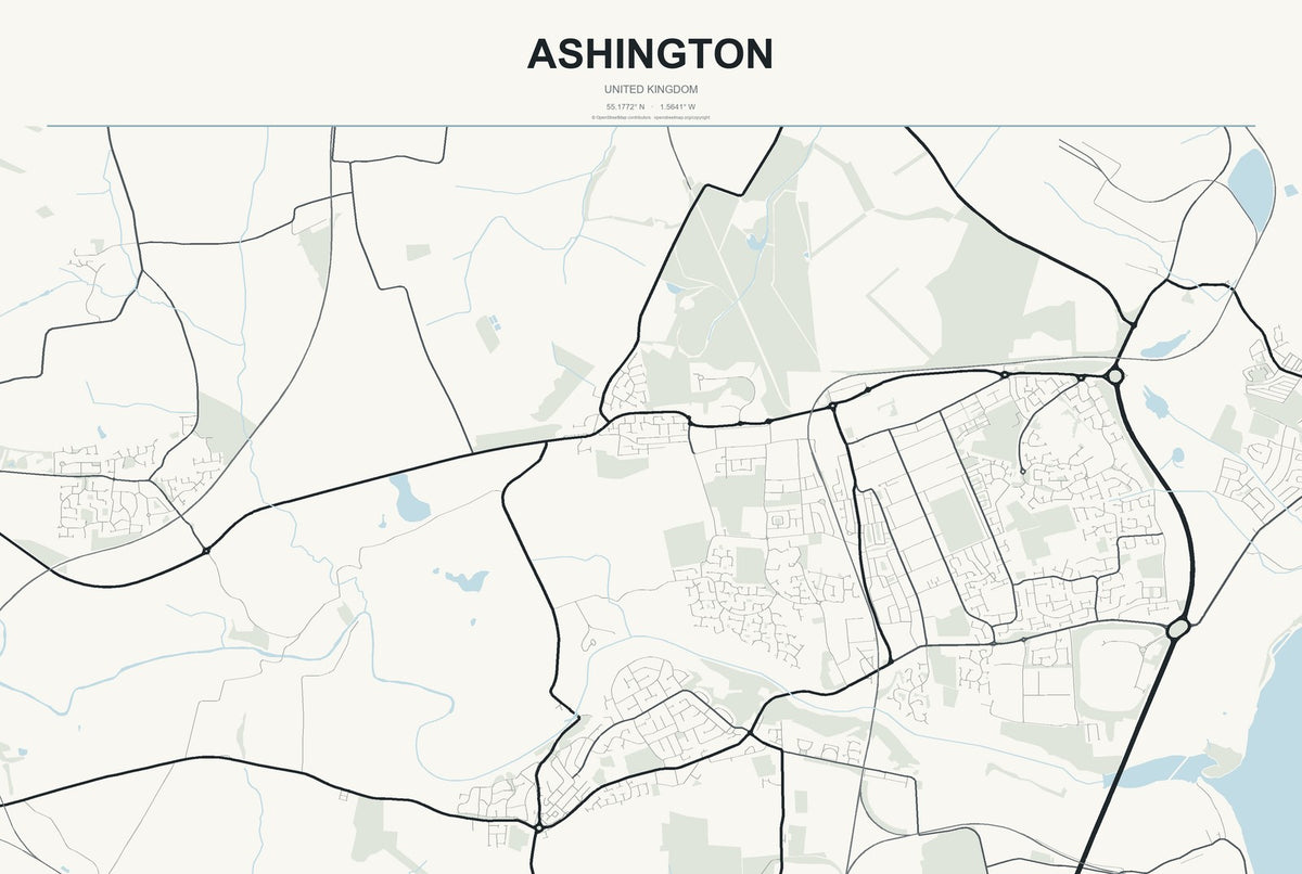 Ashington, United Kingdom City Map Aluminum Sign in Headline Atlas style