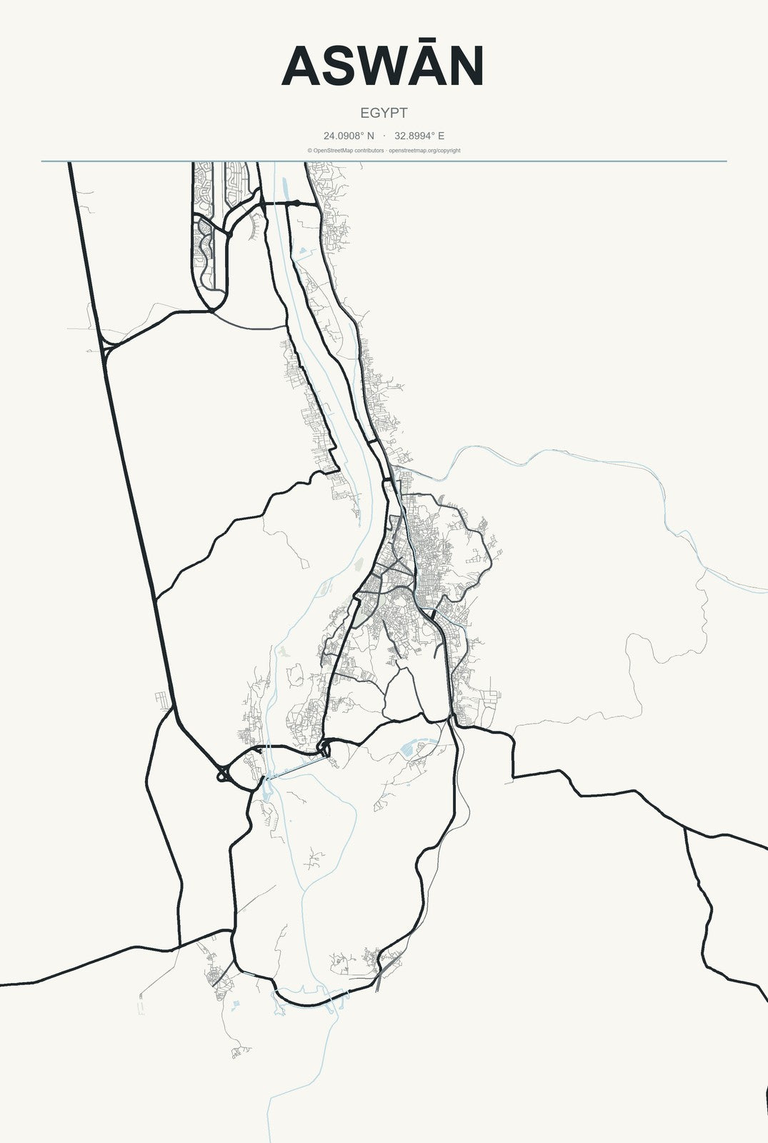 Aswān, Egypt City Map Aluminum Sign in Headline Atlas style