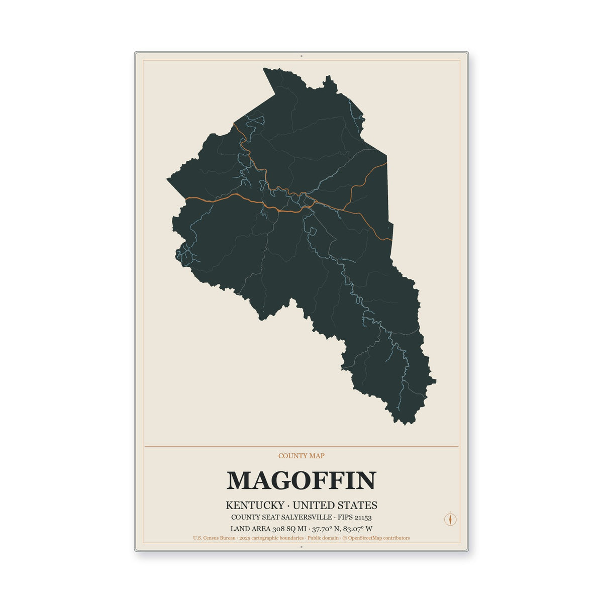 Magoffin County, Kentucky Map Aluminum Sign in Headline Atlas style